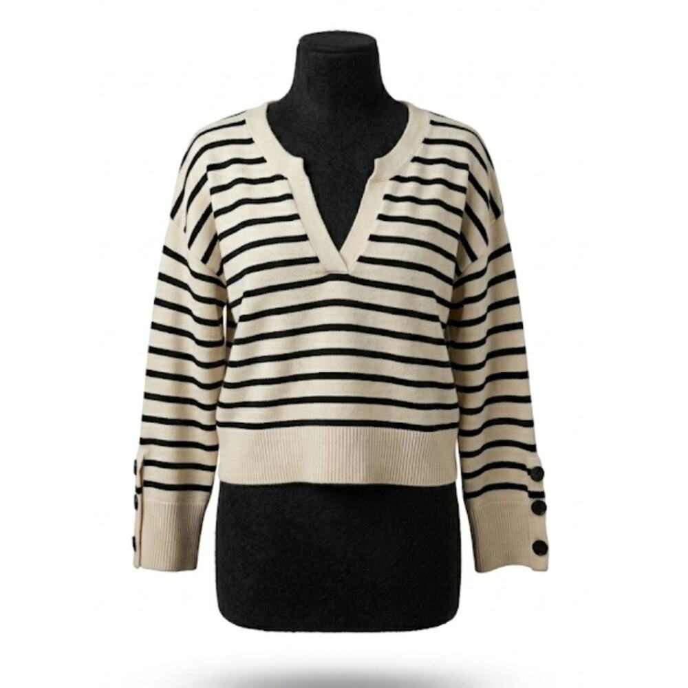 Marled Sweater‎ Womens Large Striped Knit  Ivory Black Stripe Preppy Aesthetic